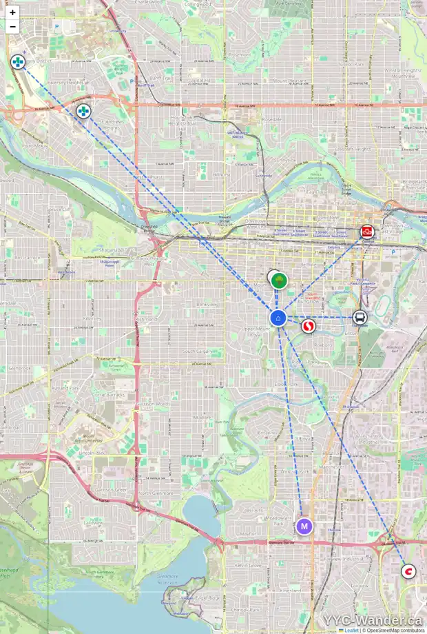 Daily accessibility map for 827 PROSPECT AV SW, Calgary showing nearby schools, grocery stores, parks, LRT stations and nearby amenities
