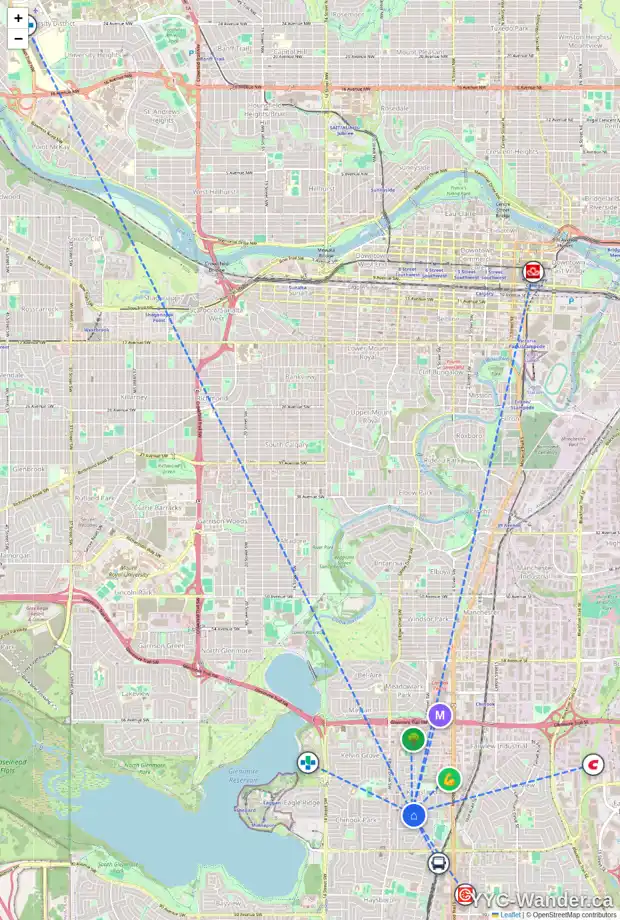 Daily accessibility map for 28 KIRBY PL SW, Calgary showing nearby schools, grocery stores, parks, LRT stations and nearby amenities
