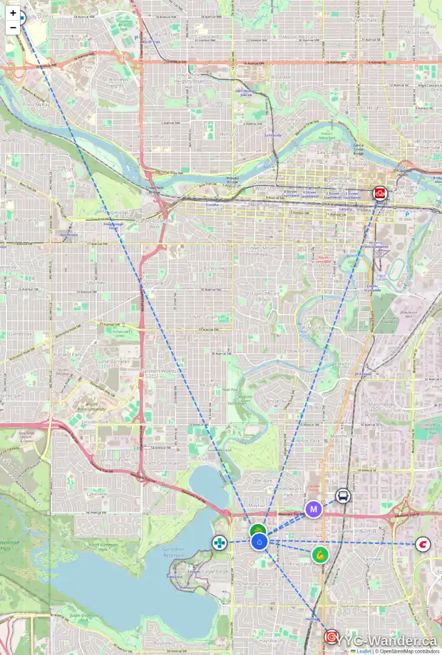 Daily accessibility map for 7208 11 ST SW, Calgary showing nearby schools, grocery stores, parks, LRT stations and nearby amenities