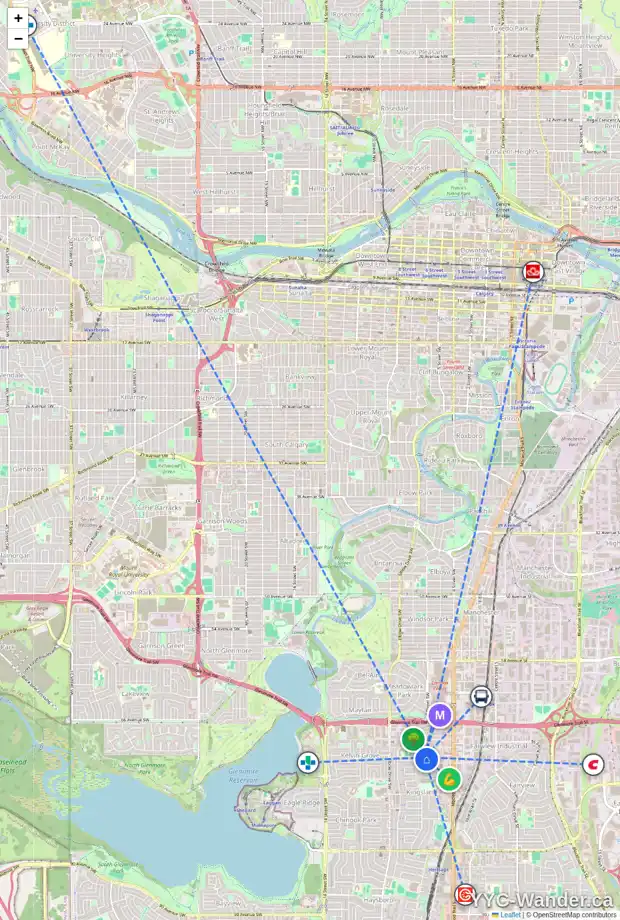 Daily accessibility map for 701 KINGSMERE CR SW, Calgary showing nearby schools, grocery stores, parks, LRT stations and nearby amenities