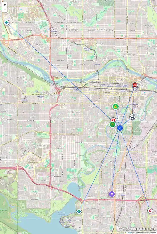 Daily accessibility map for 3044 2 ST SW, Calgary showing nearby schools, grocery stores, parks, LRT stations and nearby amenities