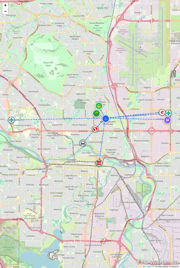 Daily accessibility map for 600 25 AV NE, Calgary showing nearby schools, grocery stores, parks, LRT stations and nearby amenities