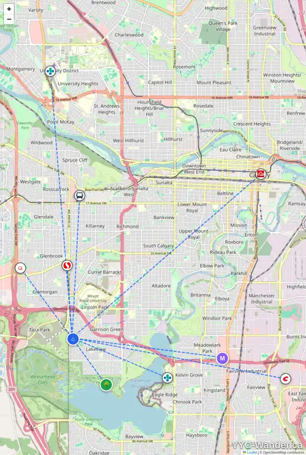 Daily accessibility map for 3715 58 AV SW, Calgary showing nearby schools, grocery stores, parks, LRT stations and nearby amenities