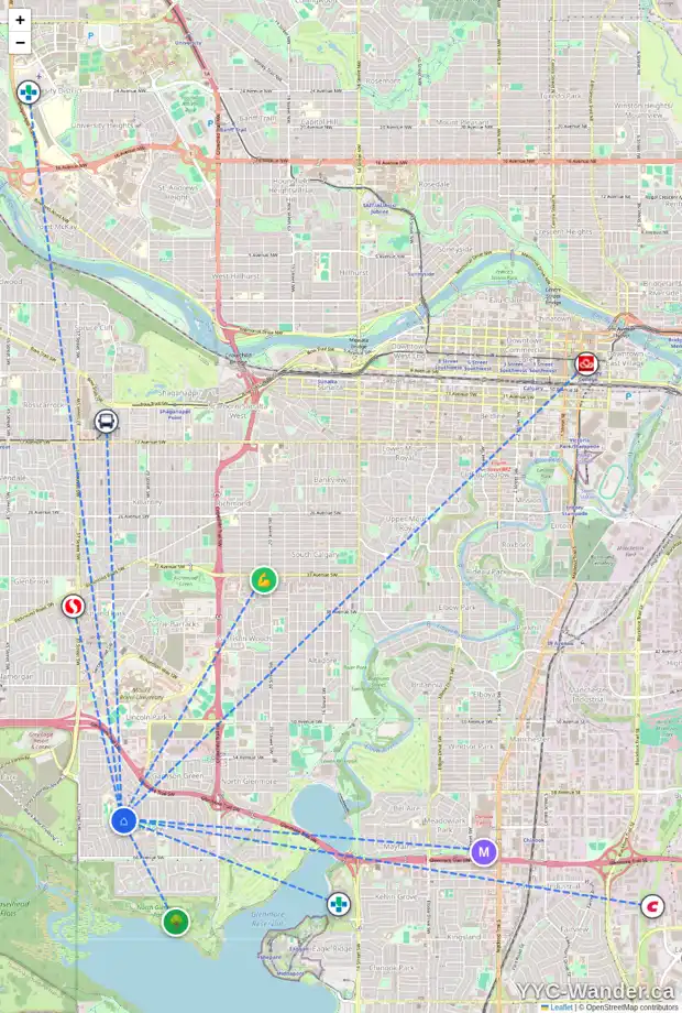 Daily accessibility map for 6112 LEWIS DR SW, Calgary showing nearby schools, grocery stores, parks, LRT stations and nearby amenities