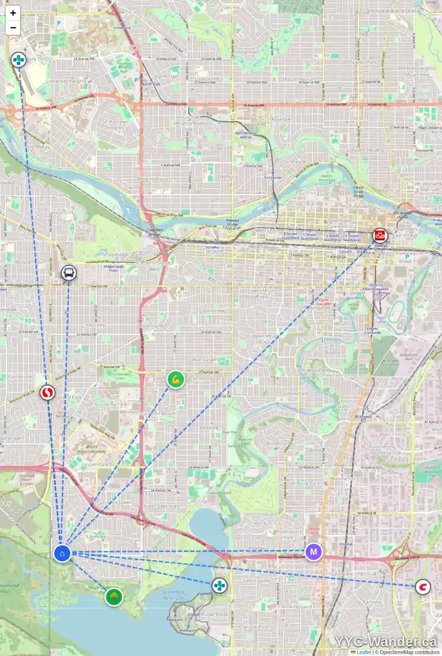 Daily accessibility map for 6611 LAW DR SW, Calgary showing nearby schools, grocery stores, parks, LRT stations and nearby amenities