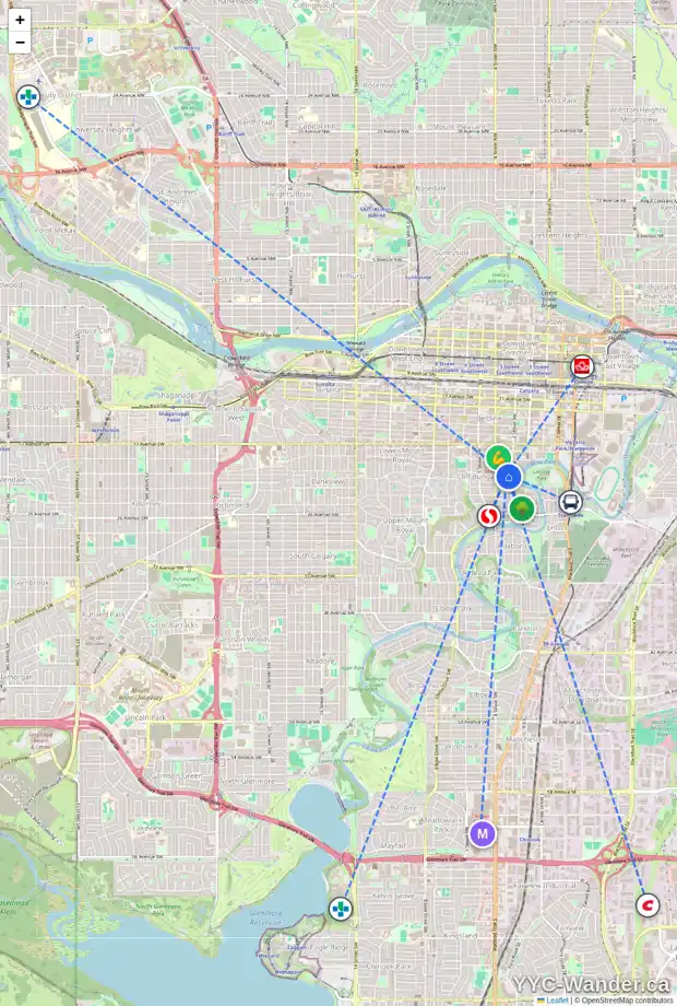 Daily accessibility map for 314 21 AV SW, Calgary showing nearby schools, grocery stores, parks, LRT stations and nearby amenities