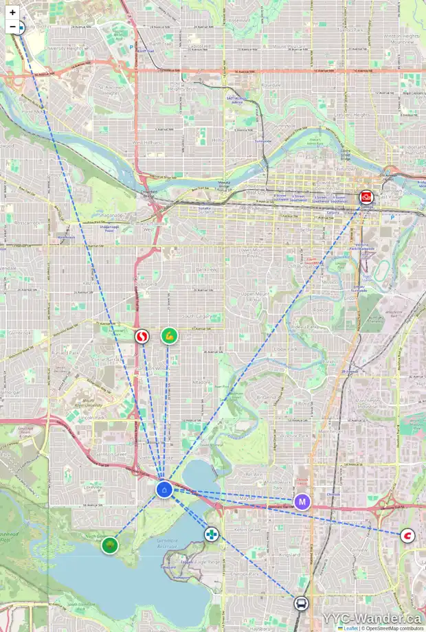 Daily accessibility map for 6423 LAURENTIAN WY SW, Calgary showing nearby schools, grocery stores, parks, LRT stations and nearby amenities