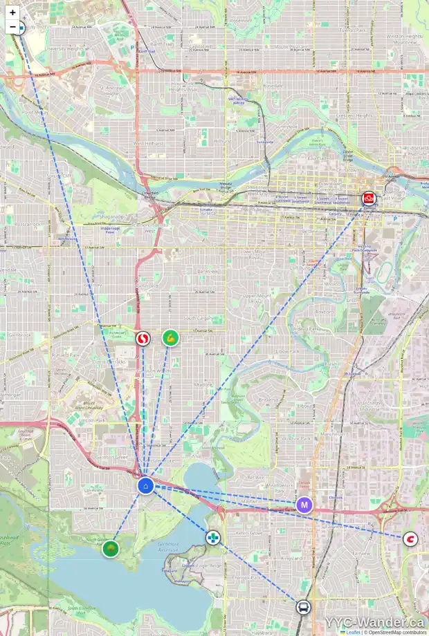 Daily accessibility map for 6404 LOMBARDY CR SW, Calgary showing nearby schools, grocery stores, parks, LRT stations and nearby amenities