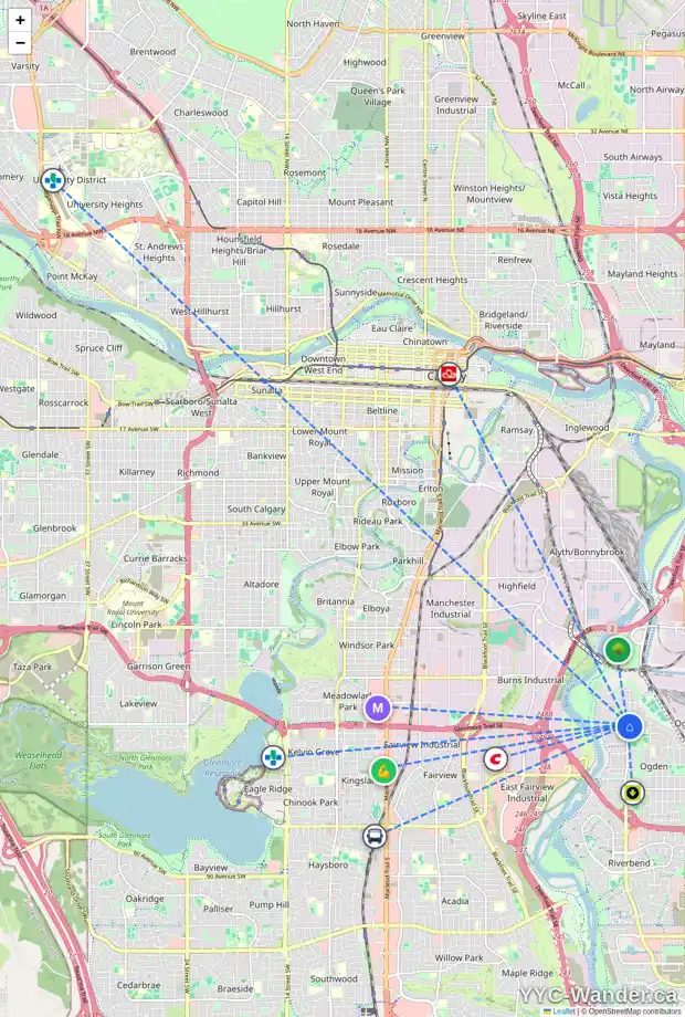 Daily accessibility map for 6637 18A ST SE, Calgary showing nearby schools, grocery stores, parks, LRT stations and nearby amenities