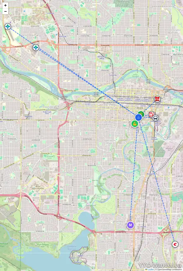 Daily accessibility map for 221 310 15 AV SW, Calgary showing nearby schools, grocery stores, parks, LRT stations and nearby amenities