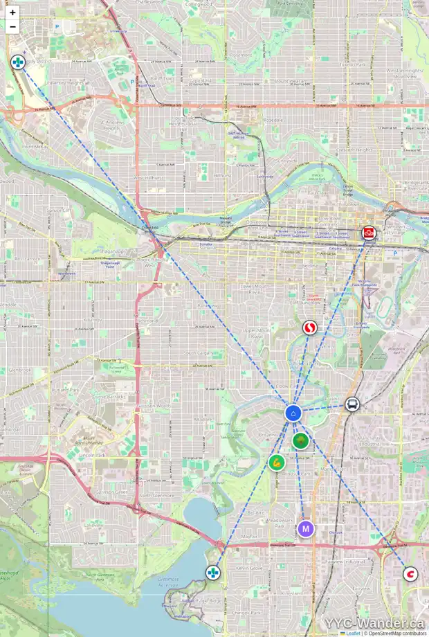 Daily accessibility map for 566 LANSDOWNE AV SW, Calgary showing nearby schools, grocery stores, parks, LRT stations and nearby amenities