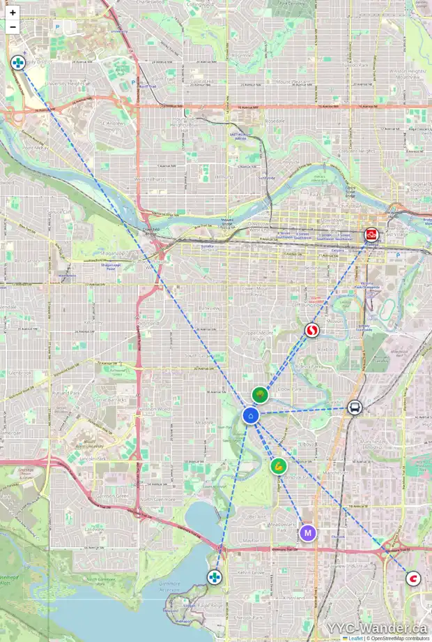 Daily accessibility map for 1231 RIVERDALE AV SW, Calgary showing nearby schools, grocery stores, parks, LRT stations and nearby amenities