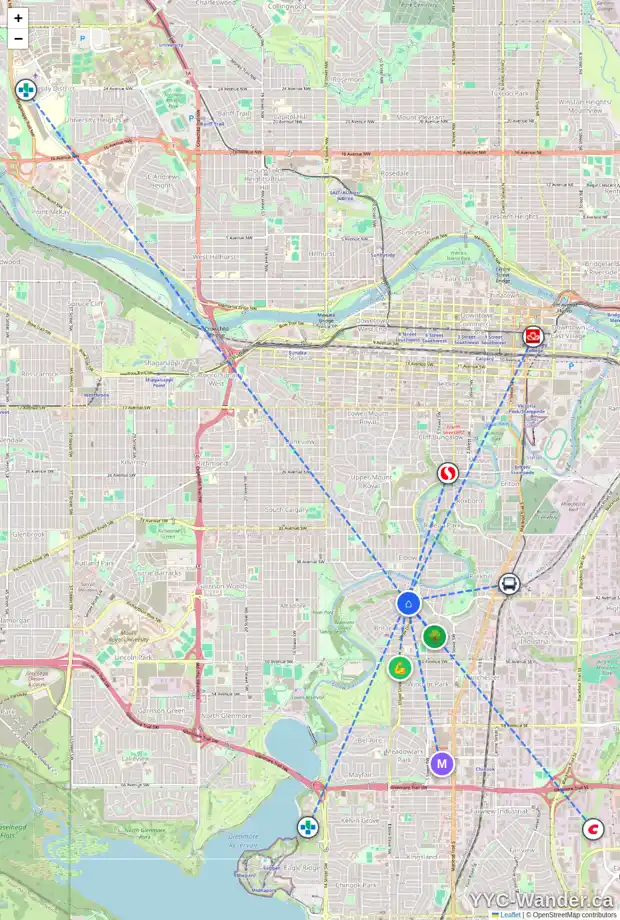 Daily accessibility map for 4211 BRITANNIA DR SW, Calgary showing nearby schools, grocery stores, parks, LRT stations and nearby amenities