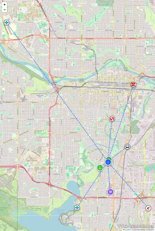Daily accessibility map for 532 48 AV SW, Calgary showing nearby schools, grocery stores, parks, LRT stations and nearby amenities