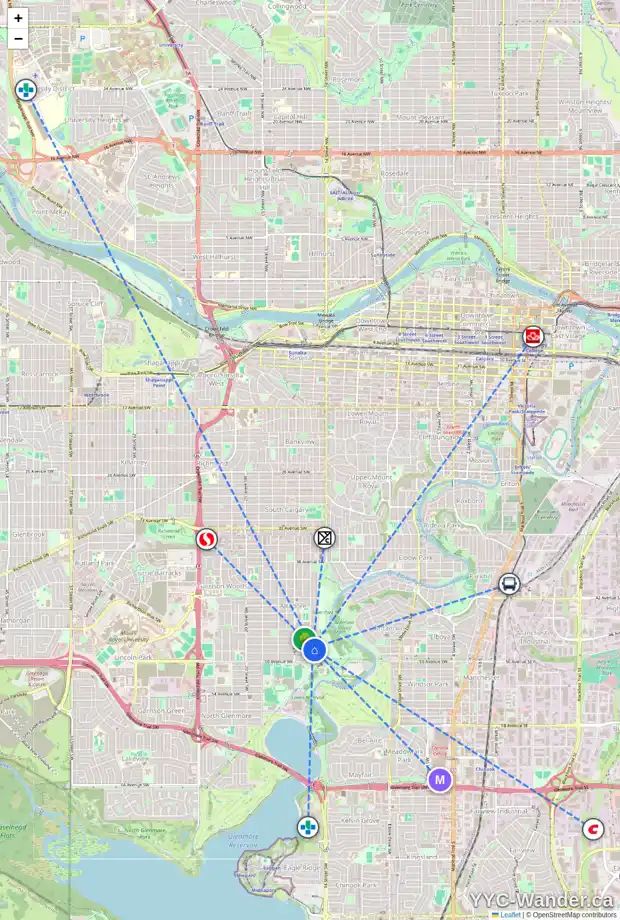 Daily accessibility map for 4912 15 ST SW, Calgary showing nearby schools, grocery stores, parks, LRT stations and nearby amenities