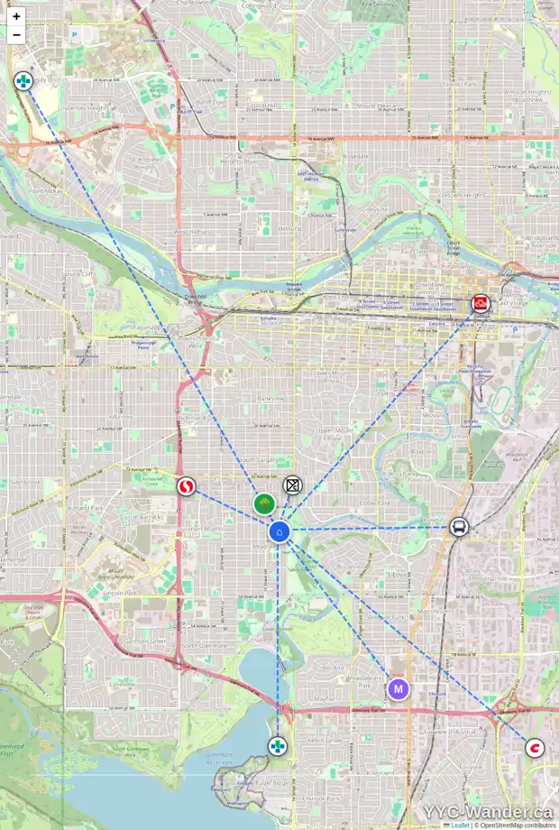 Daily accessibility map for 4127 15 ST SW, Calgary showing nearby schools, grocery stores, parks, LRT stations and nearby amenities