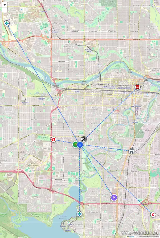 Daily accessibility map for 3815 15 ST SW, Calgary showing nearby schools, grocery stores, parks, LRT stations and nearby amenities