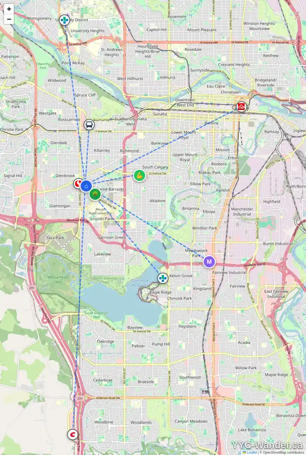Daily accessibility map for 3727 KERRYDALE RD SW, Calgary showing nearby schools, grocery stores, parks, LRT stations and nearby amenities