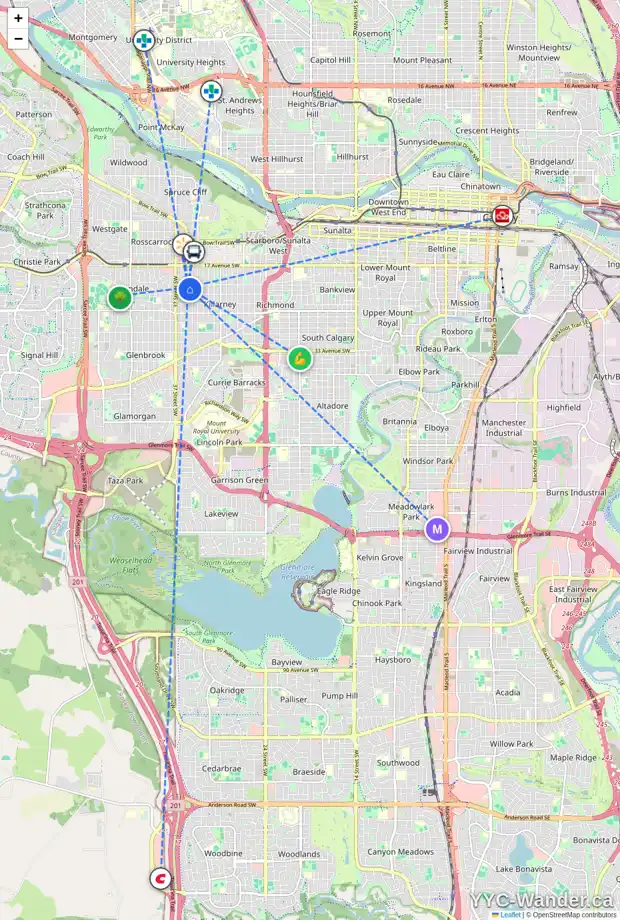 Daily accessibility map for 2214 35 ST SW, Calgary showing nearby schools, grocery stores, parks, LRT stations and nearby amenities