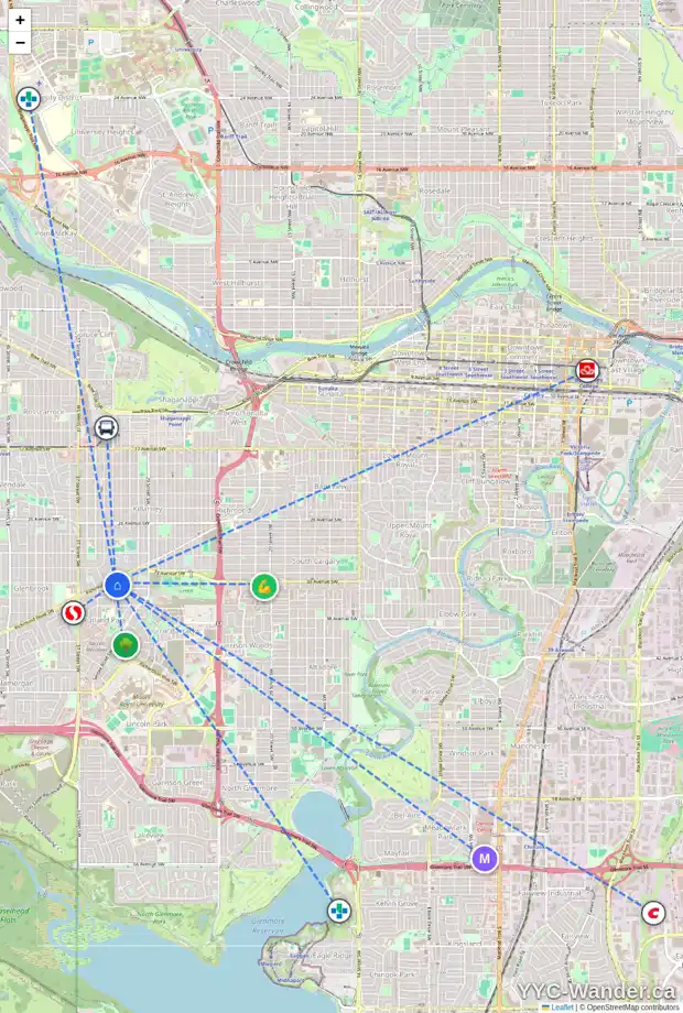 Daily accessibility map for 3440 33 ST SW, Calgary showing nearby schools, grocery stores, parks, LRT stations and nearby amenities