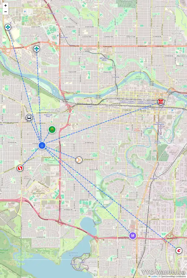 Daily accessibility map for 2810 29 ST SW, Calgary showing nearby schools, grocery stores, parks, LRT stations and nearby amenities