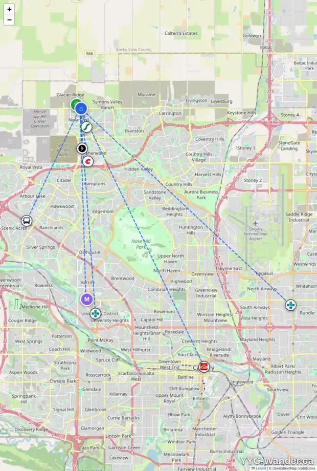 Daily accessibility map for 214 245 EDITH PL NW, Calgary showing nearby schools, grocery stores, parks, LRT stations and nearby amenities