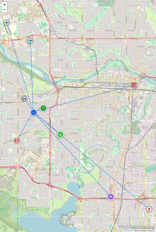 Daily accessibility map for 2227B 29 ST SW, Calgary showing nearby schools, grocery stores, parks, LRT stations and nearby amenities
