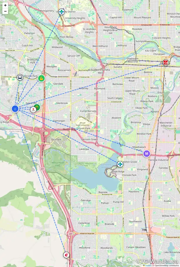 Daily accessibility map for 7415 SPRINGBANK WY SW, Calgary showing nearby schools, grocery stores, parks, LRT stations and nearby amenities