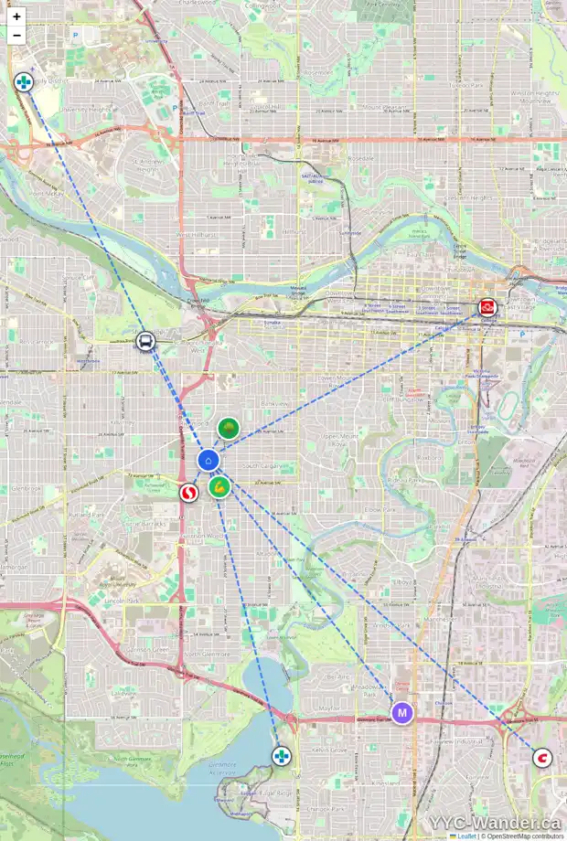 Daily accessibility map for 2218 30 AV SW, Calgary showing nearby schools, grocery stores, parks, LRT stations and nearby amenities