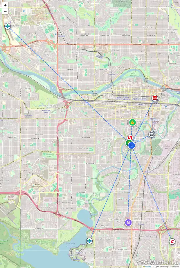 Daily accessibility map for 3019 4 ST SW, Calgary showing nearby schools, grocery stores, parks, LRT stations and nearby amenities