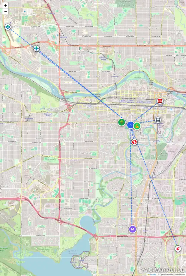 Daily accessibility map for 1722 5A ST SW, Calgary showing nearby schools, grocery stores, parks, LRT stations and nearby amenities