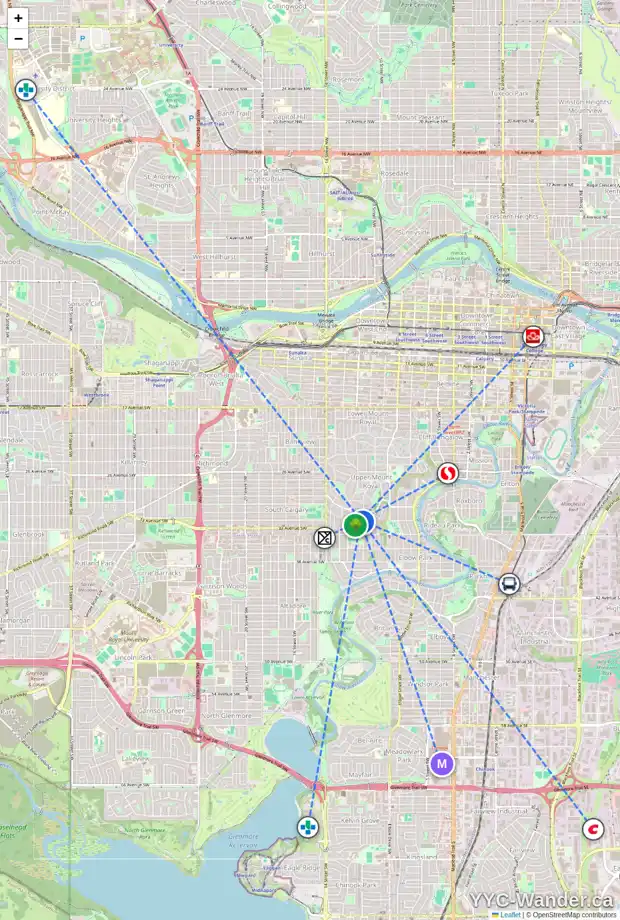 Daily accessibility map for 1102 LEVIS AV SW, Calgary showing nearby schools, grocery stores, parks, LRT stations and nearby amenities