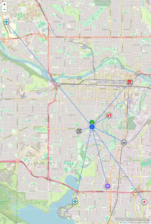 Daily accessibility map for 1002 32 AV SW, Calgary showing nearby schools, grocery stores, parks, LRT stations and nearby amenities