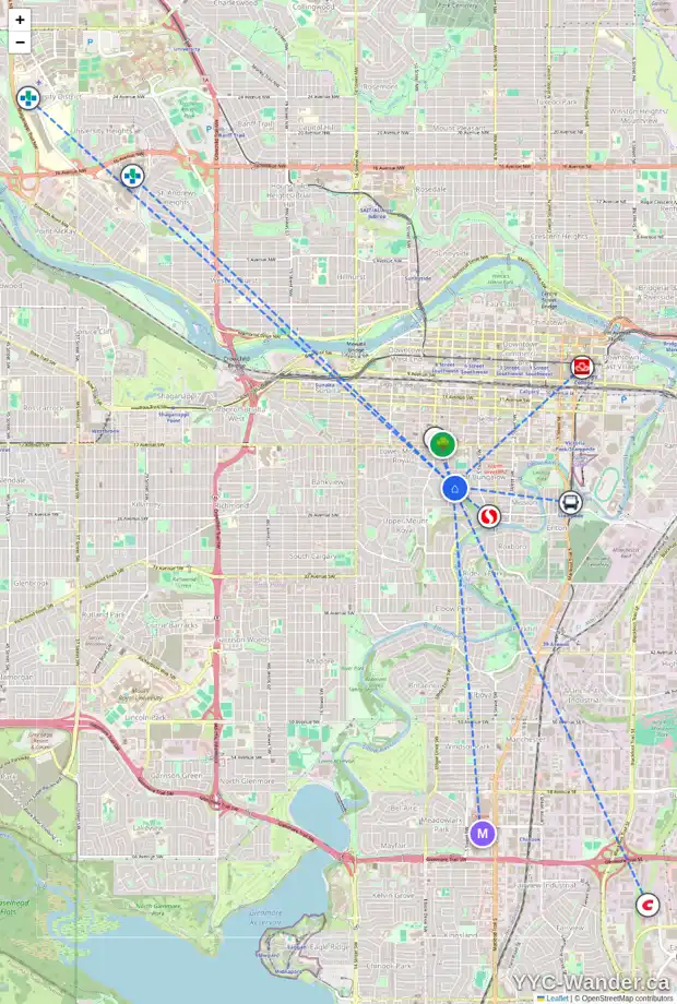 Daily accessibility map for 2117 HOPE ST SW, Calgary showing nearby schools, grocery stores, parks, LRT stations and nearby amenities