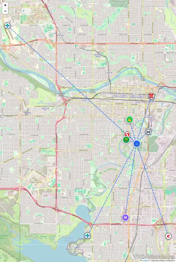 Daily accessibility map for 3038 1 ST SW, Calgary showing nearby schools, grocery stores, parks, LRT stations and nearby amenities