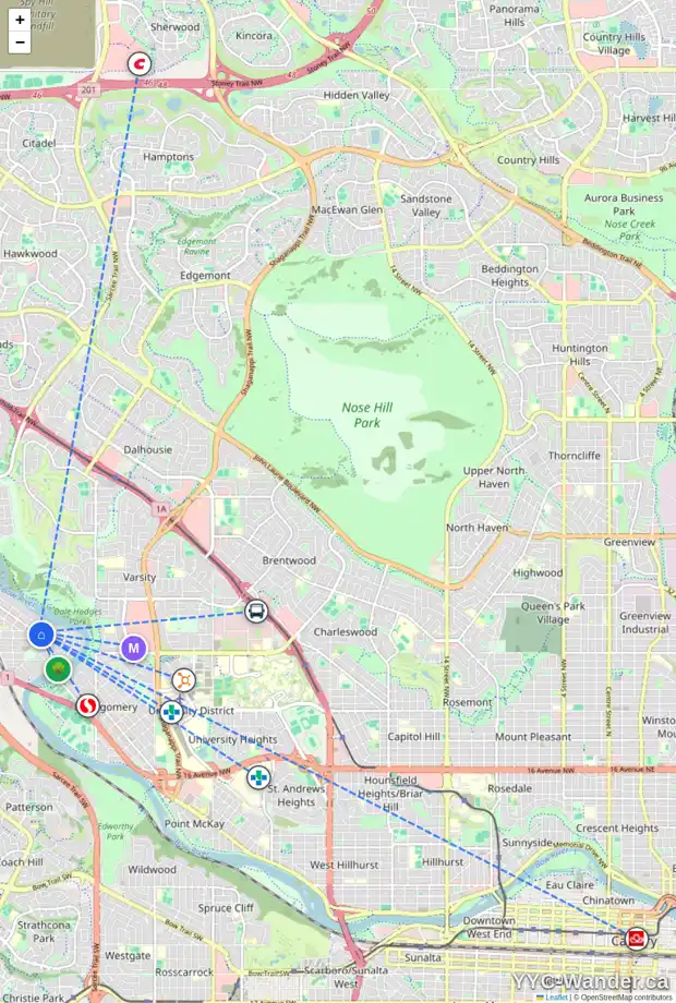 Daily accessibility map for 5 6144 BOWNESS RD NW, Calgary showing nearby schools, grocery stores, parks, LRT stations and nearby amenities