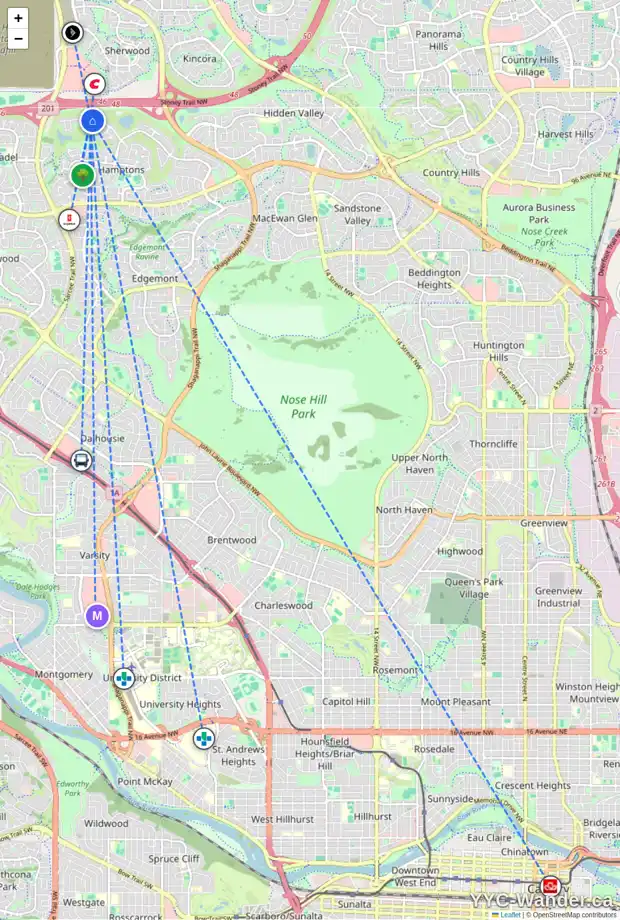 Daily accessibility map for 4670 HAMPTONS WY NW, Calgary showing nearby schools, grocery stores, parks, LRT stations and nearby amenities