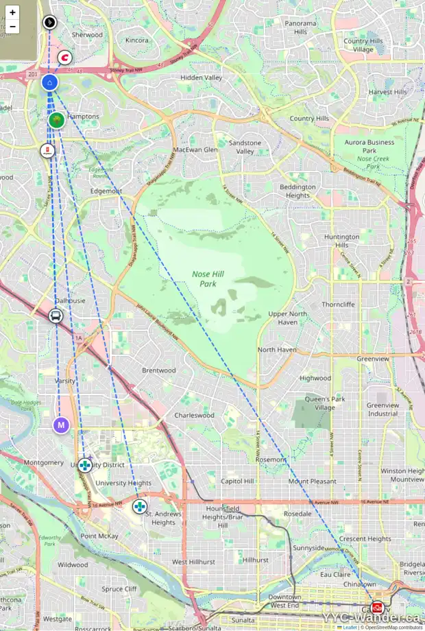 Daily accessibility map for 4754 HAMPTONS WY NW, Calgary showing nearby schools, grocery stores, parks, LRT stations and nearby amenities