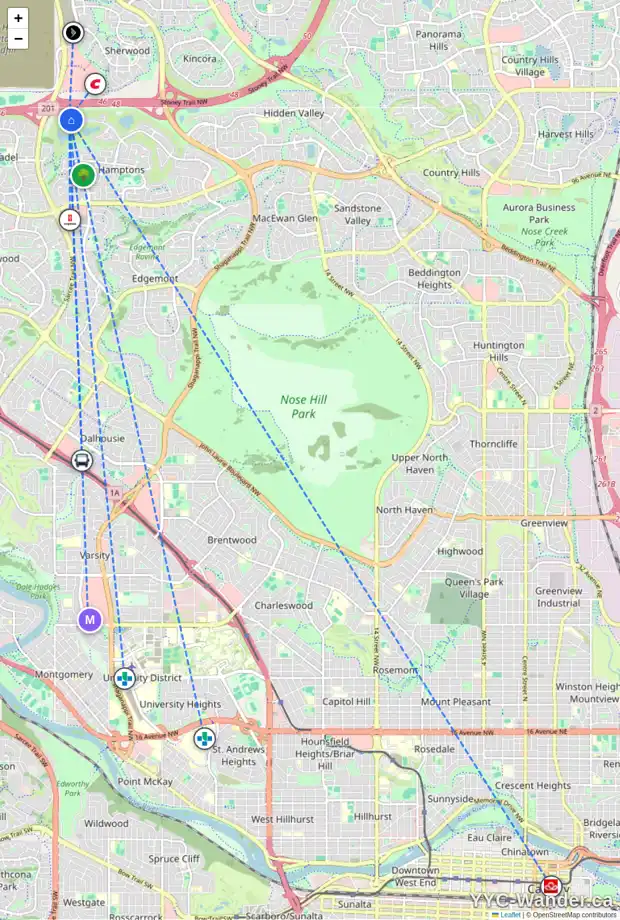 Daily accessibility map for 4762 HAMPTONS WY NW, Calgary showing nearby schools, grocery stores, parks, LRT stations and nearby amenities