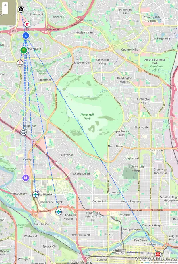 Daily accessibility map for 4677 HAMPTONS WY NW, Calgary showing nearby schools, grocery stores, parks, LRT stations and nearby amenities