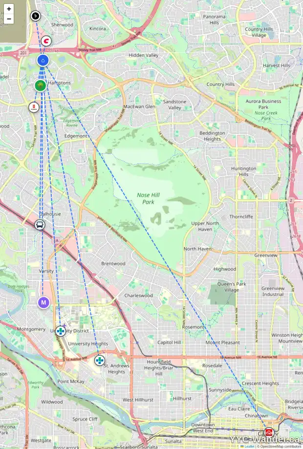 Daily accessibility map for 4685 HAMPTONS WY NW, Calgary showing nearby schools, grocery stores, parks, LRT stations and nearby amenities