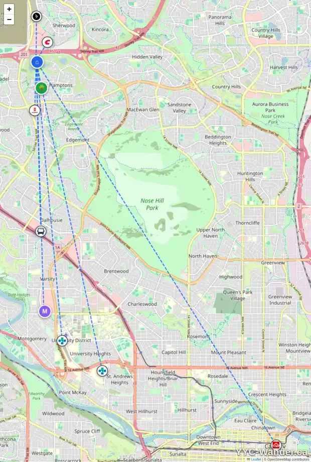 Daily accessibility map for 4749 HAMPTONS WY NW, Calgary showing nearby schools, grocery stores, parks, LRT stations and nearby amenities