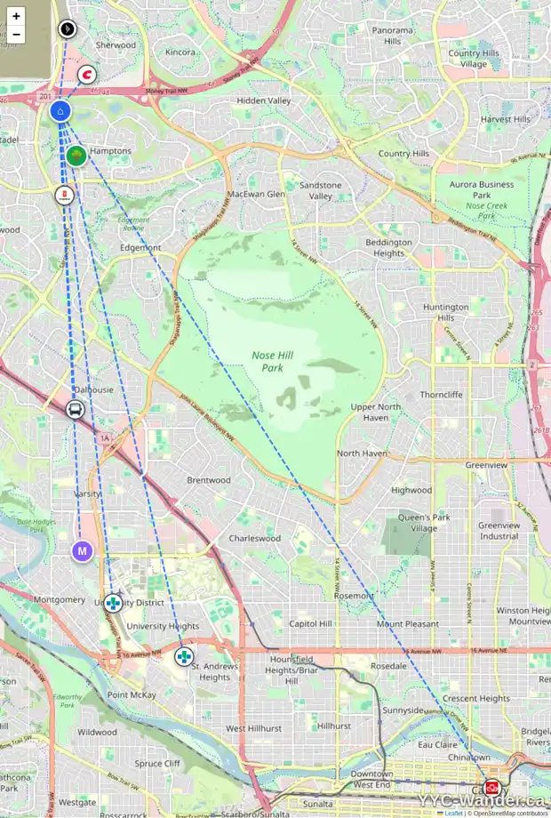 Daily accessibility map for 6 HAMPTONS MR NW, Calgary showing nearby schools, grocery stores, parks, LRT stations and nearby amenities