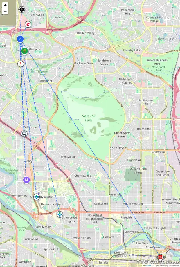 Daily accessibility map for 46 HAMPTONS MR NW, Calgary showing nearby schools, grocery stores, parks, LRT stations and nearby amenities