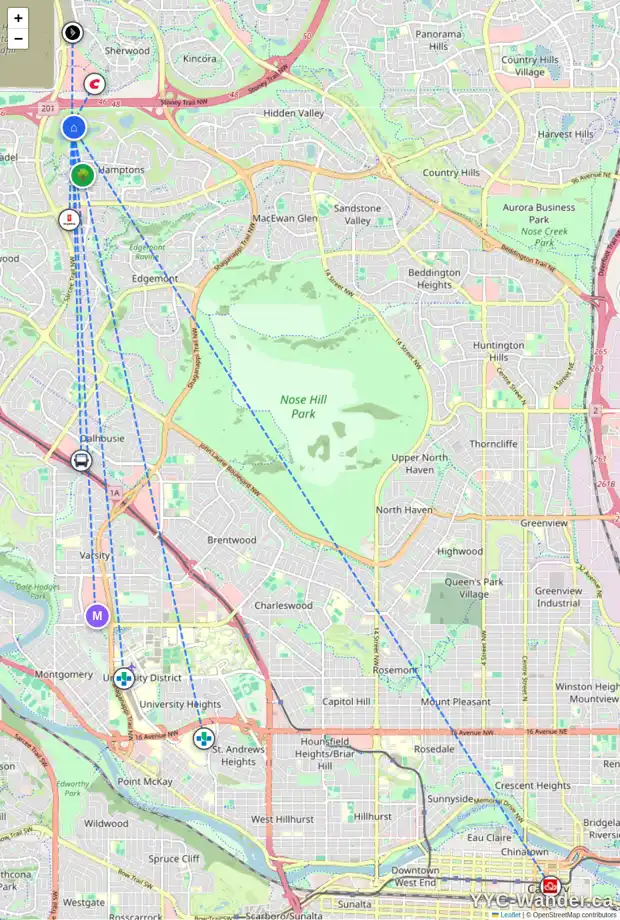Daily accessibility map for 86 HAMPTONS MR NW, Calgary showing nearby schools, grocery stores, parks, LRT stations and nearby amenities