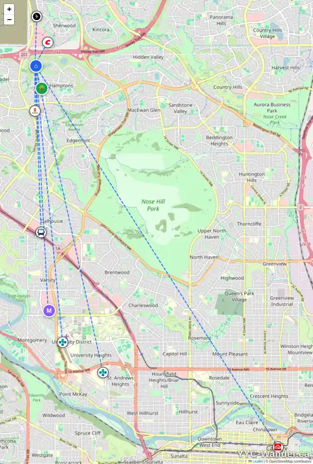 Daily accessibility map for 75 HAMPTONS MR NW, Calgary showing nearby schools, grocery stores, parks, LRT stations and nearby amenities