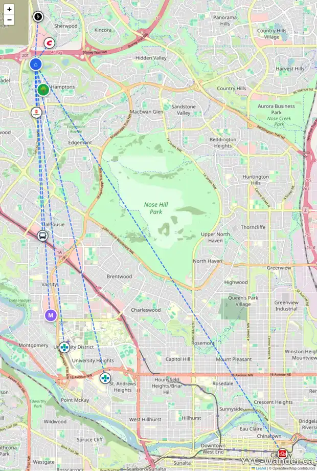 Daily accessibility map for 9 HAMPTONS MR NW, Calgary showing nearby schools, grocery stores, parks, LRT stations and nearby amenities
