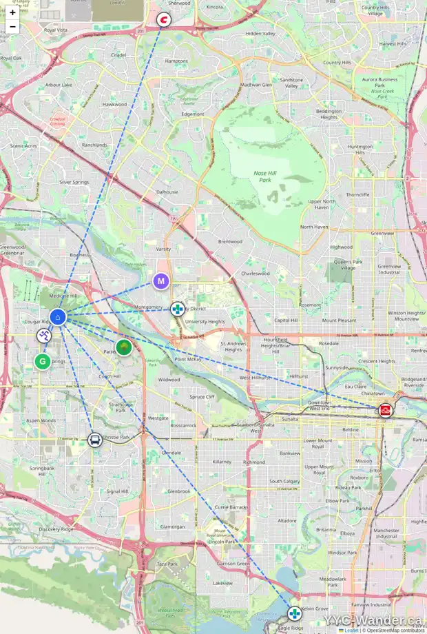 Daily accessibility map for 97 COUGAR RIDGE VW SW, Calgary showing nearby schools, grocery stores, parks, LRT stations and nearby amenities
