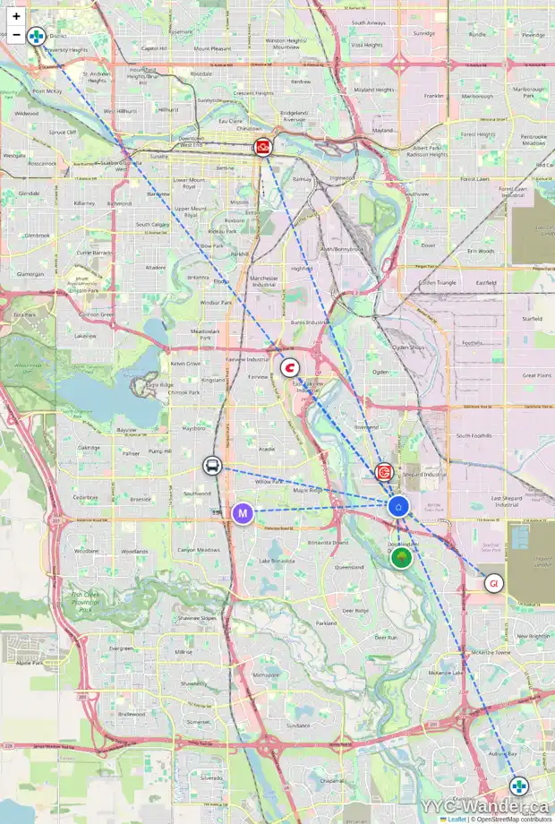 Daily accessibility map for 21 DOUGLAS GLEN PA SE, Calgary showing nearby schools, grocery stores, parks, LRT stations and nearby amenities