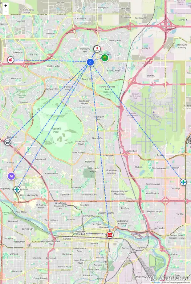Daily accessibility map for 44 PANORAMA HILLS HE NW, Calgary showing nearby schools, grocery stores, parks, LRT stations and nearby amenities